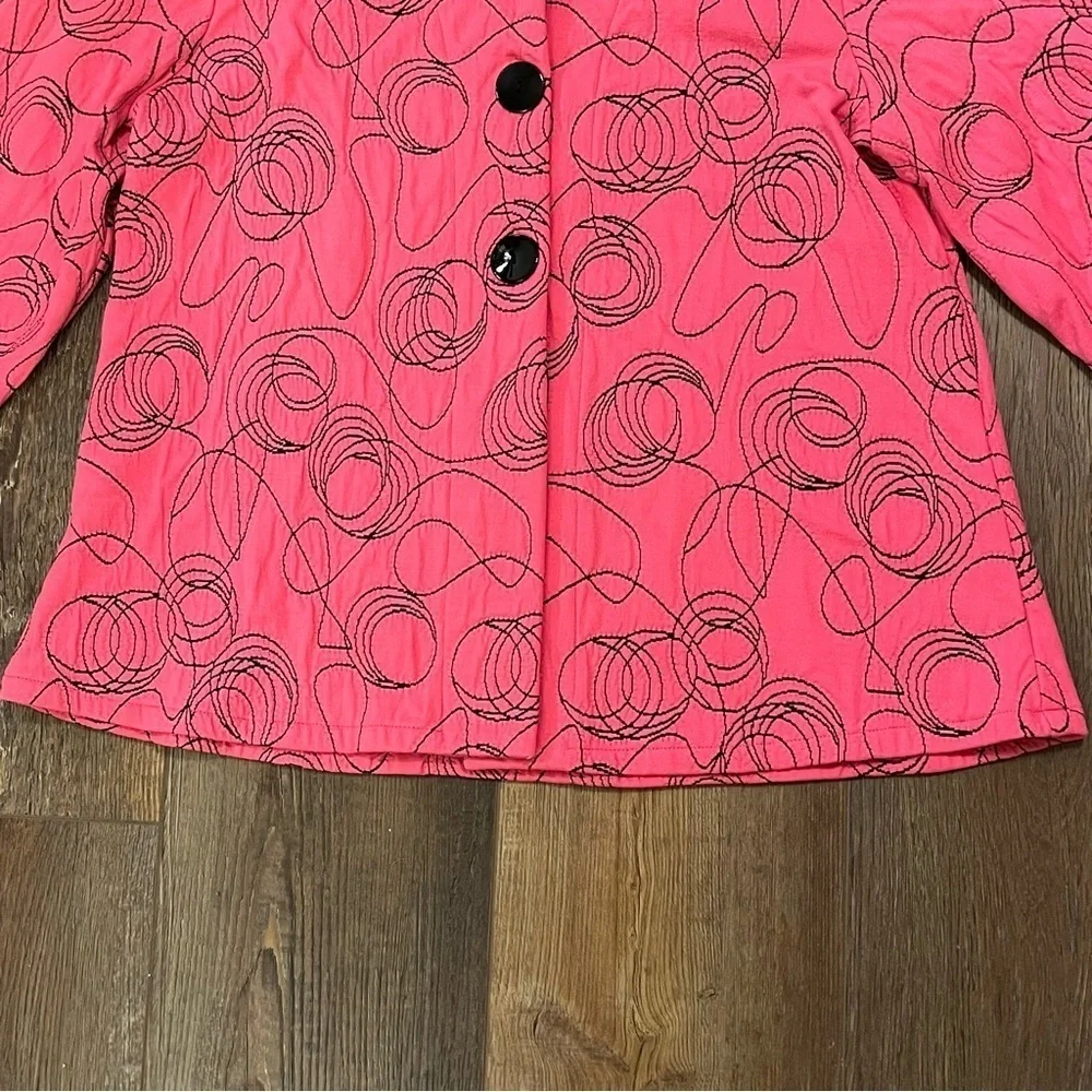 ANDRIA LIEU Francesca Jacket Sz Petite M Pink Black Embroidered Stretch‎ Buttons